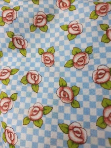 Sewing Fabric Mary Engelbreit VIP Pink Roses Blue & White Check 1ydx44" Cotton - Picture 1 of 5