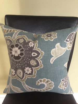 Decorative Pillow Cover Teal Gray Cream Off White Gold Large Floral Pattern - Image 1 of 4
