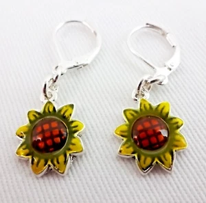 Sunflower Earrings Drop Dangle Yellow Brown Silver Metal Leverbacks - Picture 1 of 7