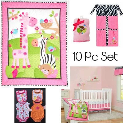 WILD LIFE Jungle Zebra Rosa 10 piezas ~ Juego de cuna_Manta_Pañal Stkr_Valance_Trajes Foto 1 de 4