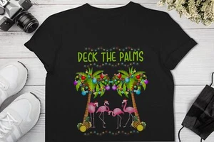 Deck The Palms Merry Pink Flamingo Christmas Hawaiian T-Shirt - Picture 1 of 3