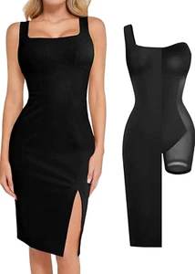 Popilush Lederkleid mit integrierter Shapewear quadratischer Ausschnitt Schlitz Midi Medium LESEN - Bild 1 von 2