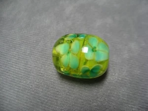 American Lampwork Green With Blue Flower Glass Bead 21 x 26mm Oval - Picture 1 of 5