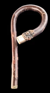 Vintage Art Metal Nouveau Woman's Face Wood Handle From Old Umbrella Curved - Picture 1 of 5