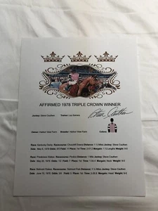 STEVE CAUTHEN SIGNED AUTOGRAPHED 1978 TRIPLE CROWN SHEET RARE AFFIRMED HORSE - Picture 1 of 4