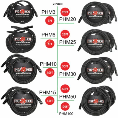 2 PACK Pig Hog PHM3/6/10/15/20/25/30/50/100 High Performance 8mm XLR Mic Cable - Image 1 of 2