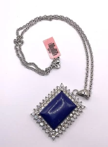 Vintage Rectangular Lapis Lazuli Blue Rhinestone Pendant Necklace 19” - Picture 1 of 3