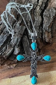 Turquoise Gemstone Cross Pendant Necklace- 925 Sterling Silver Plated- New - Picture 1 of 5