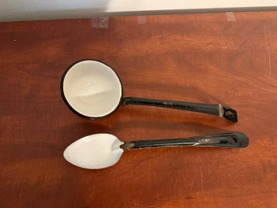 Enamelware Spoon And Ladle 13” White And Black Vintage - Image 1 of 4