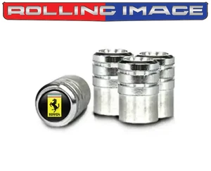 NEW Premium Aluminum Black Retro Ferrari Round Silver Valve Stem Tire Cap - Picture 1 of 1