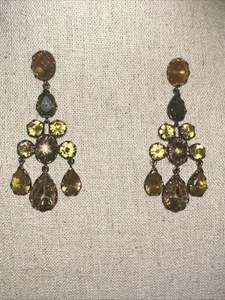 Stella & Dot Earrings, Pink Chandelier, Olive Green and Yellow Rhinestones - Picture 1 of 7