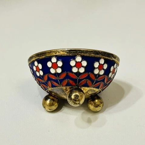 Rare Vintage USSR Gilt Silver 916 Salt Cellar Bowl Hot Enamel Marked 42 gr Cover