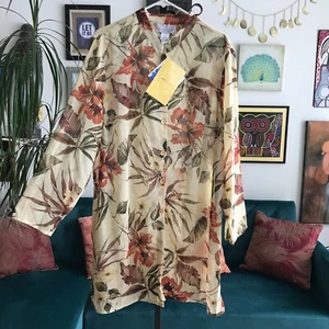 SUSAN GRAVER size 1X Beige Brown & Rust Floral Georgette Tunic Blouse NWT - Picture 1 of 4