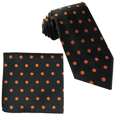 New Men's Polyester Woven Necktie & Pocket Square Hankie Polka Dots Black Orange Foto 1 de 3