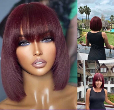  Pelucas de cabello humano con flequillo 3x1 frente de encaje borgoña 99j rojo Foto 1 de 4