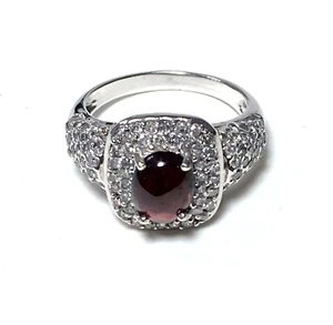10K WHITE GOLD OVAL RUBY & DIAMOND HALO RING, SIZE 6 - Picture 1 of 6