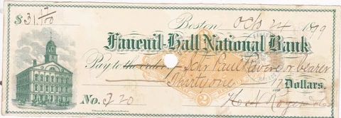 KAPPYSCOINS W7825 1879 FANEUIL HALL NATIONAL BANK BOSTON PAID & CANCELLED CHECK Cover