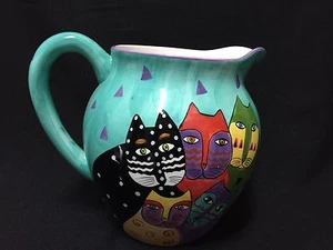 1998 Signed Laurel Burch Fun 5 Kitty Cat Ceramic Pitcher Colorful Turquoise - Picture 1 of 4