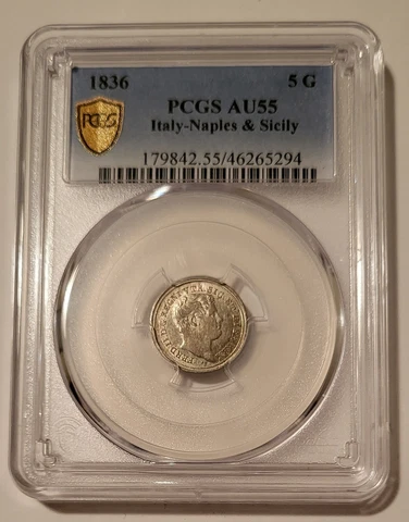Italy Naples & Sicily Ferdinand II 1836 Silver 5 Grana AU55 PCGS Cover