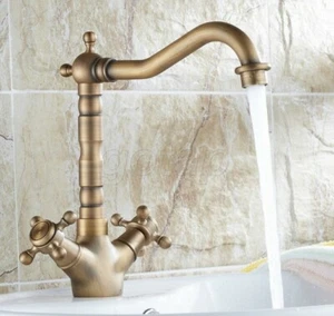 Antique Brass Bathroom Kitchen Basin Mixer Taps Sink Faucet 360°Swivel 2 Handles - Picture 1 of 6