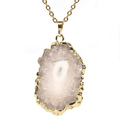 Solar Quartz Gold Plated Edged Druzy Flower Slice Pendant Necklace 22 Inch - Image 1 of 4