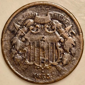 1865 Schild/Weizen Zwei Cent Stück 2C Bürgerkrieg Datum US Kupfer Münze - Bild 1 von 3