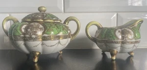 Royal Nippon Moriage Textured Gold & Green Creamer & Sugar Bowl w/lid Beautiful - Picture 1 of 6