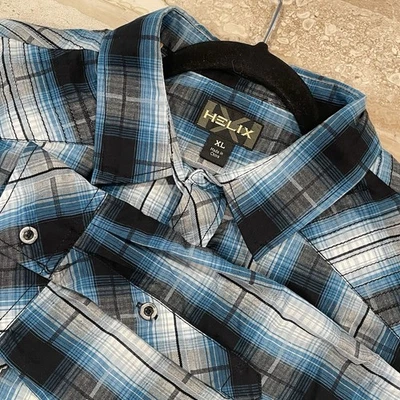 NWT Helix Shirt Mens XL Blue Black Plaid Long Sleeve Athletic Fit Western Cowboy - Image 1 of 4