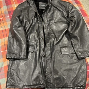 Vintage Mens American base New York  Black Leather Jacket fixed Hood Size 2xl  - Picture 1 of 9