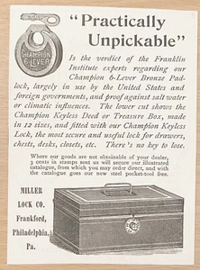 Miller Lock Co PRACTICALLY UNPICKABLE Safe Box Old 1892 Print Ad~Philadelphia Pa - Picture 1 of 1