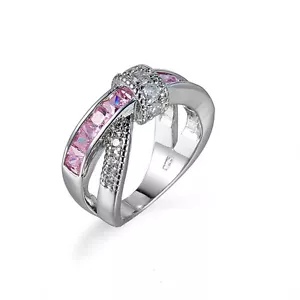 Pink Zirconia Cross Band Womens 925 Silver Engagement Party Gift Ring Size 5-10 - Picture 1 of 9