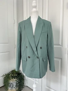 Zara Women’s Mint Green Double Breasted Blazer Jacket Pockets Shoulder Pads Sz M - Picture 1 of 17