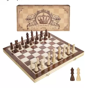AMEROUS 15” Magnetic Wooden Chess Set with 2 Extra Queens/Folding Board Handmade - Picture 1 of 7