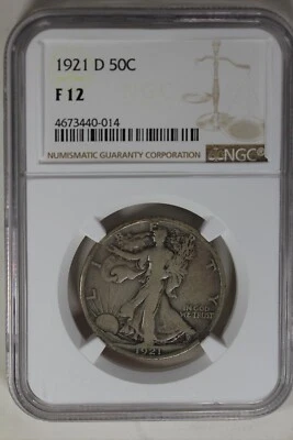 1921-D  .50  NGC  F12    Walking Liberty,  Lady Liberty Half - Image 1 of 2