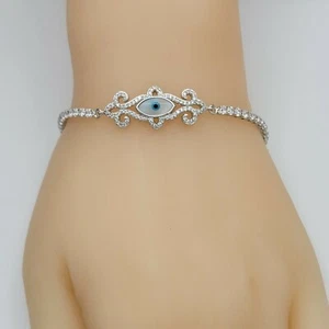 Rhodium Plated Evil Eye Adjustable Bracelet. CZ crystals Antique Amulet Lucky - Picture 1 of 2