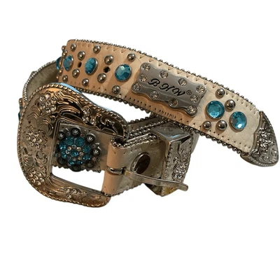 BHW Vintage Mujer Cuero Blanco Azul/Plateado Estrás Tachonado Western/Vaquera Foto 1 de 4