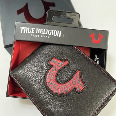 TRUE RELIGION Black Leather Bifold Wallet Red Logo Boxed RFID Gift for Men NWT - Image 1 of 4