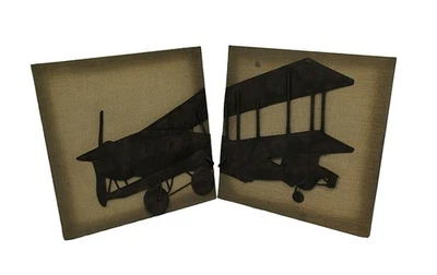 Zeckos 2 Piece Metal Vintage Airplane On Fabric Wall Hanging Set - Image 1 of 3