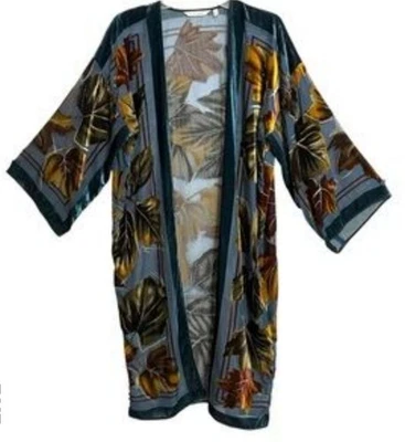 Soft Surroundings Kimono Duster S/M Velvet & Sheer Nature Leaf Open Front - Image 1 of 4