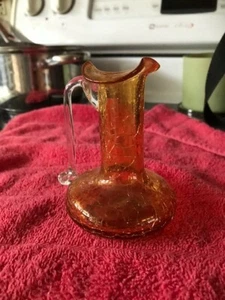 Small Hand Blown Crackled Glass Amber with Ruffle top - Picture 1 of 6