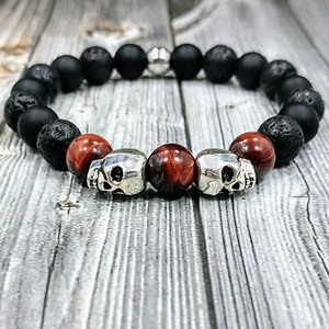 8"L HIP 10mm Onyx+Tigers Eye+Lava Gemstone Beaded Silver Skulls Men's Bracelet - Picture 1 of 6