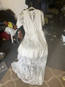 White uber trendy springtime lace sheer boho minimalist maxi wedding dress sz M - Picture 1 of 18