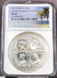 1976 TURKS SILVER 20 CROWNS 4 BUSTS OF QUEEN VICTORIA NGC MS 69 RARE GEM COIN - Picture 1 of 3