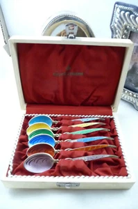 Vintage Cased Set Six HMSS Gilt & Enamel Coffee Spoons : Birmingham 1959 - Picture 1 of 12