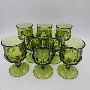 8 Vtg Indiana Glass Green Kings Crown By Colony Thumbprint Wine Goblets 4 3/8” - Picture 1 of 10