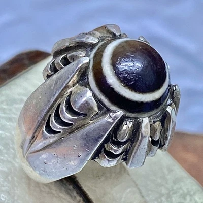 Antiguo anillo fuerte de plata de ley 925 para hombre ágata yemení aqeeq عقيق جزع بقراني Foto 1 de 4