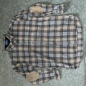 Vtg Pendelten Flannel 80’s Classic Brown & Gray Plaid Elbow Patches L 100% Wool - Picture 1 of 3