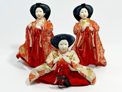 3 bonecas japonesas Hina corte Ningyo Lady Kanjyo dia da menina Ohinasama seda vintage - Imagem 1 de 4