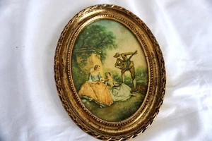 2 kleine,ovale Bilder mit Minnesänger und edler Dame,goldfarbener Rahmen,Italien - Bild 1 von 2