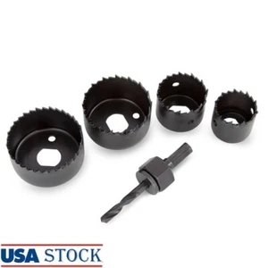 5pc Carbon Steel Hole Saw Set W/ Arbor Wood Plastic Drilling 1-1/4 To 2-1/8 Inch - Picture 1 of 10